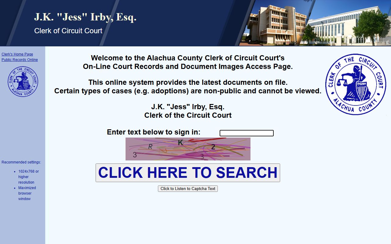 Alachua County court records search page for civil court records