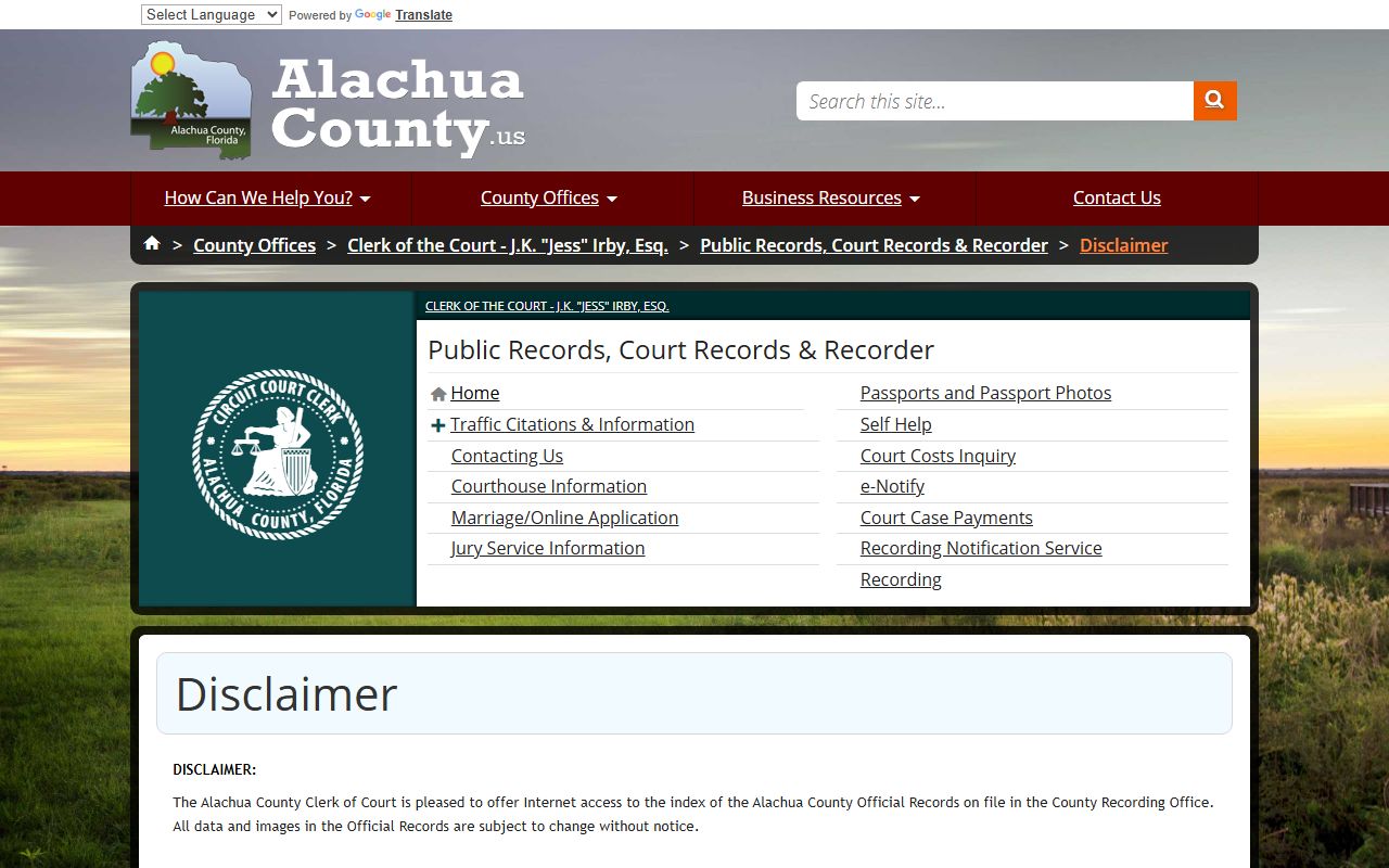 Alachua County official records search for civil court records