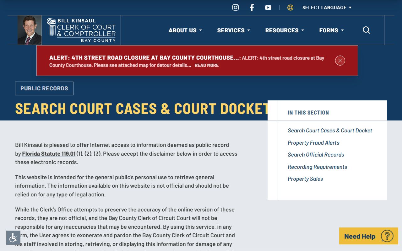 Bay County court case search page for civil court records