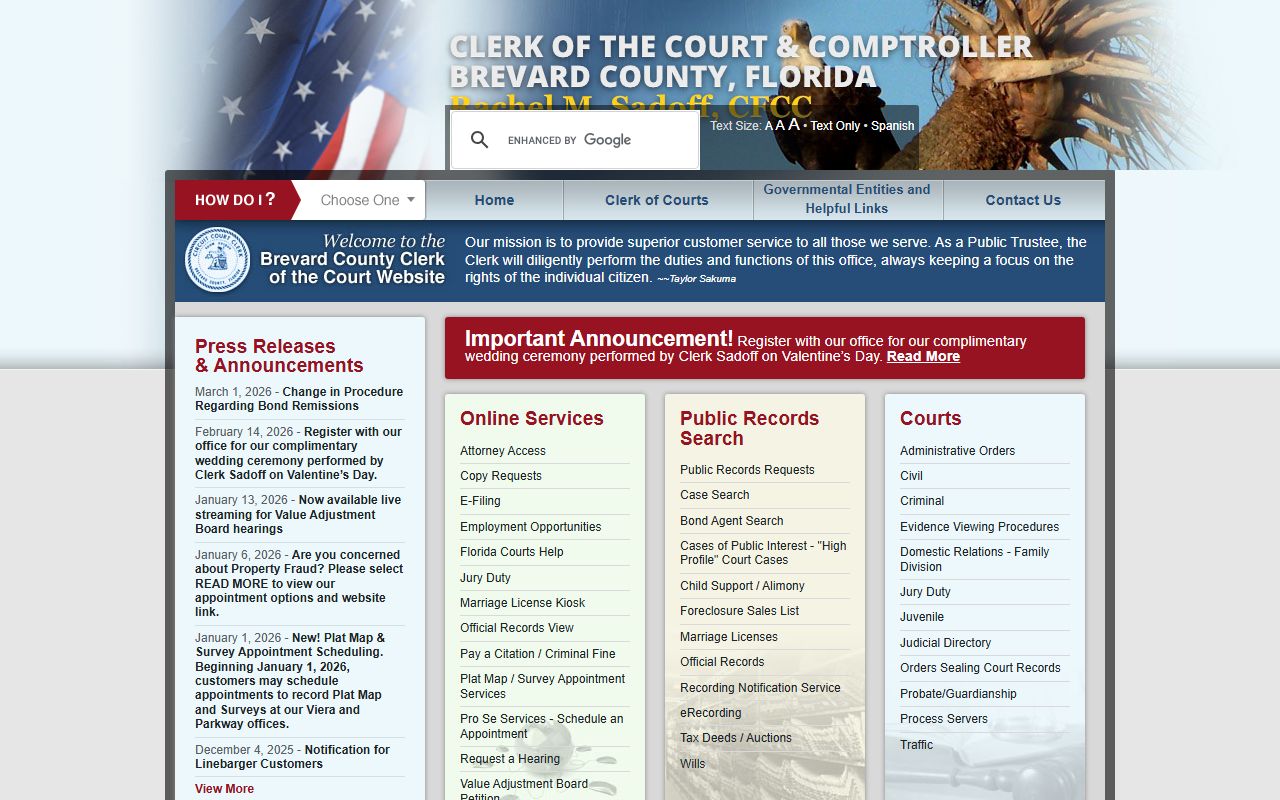 Brevard County Clerk of Court homepage for civil court records