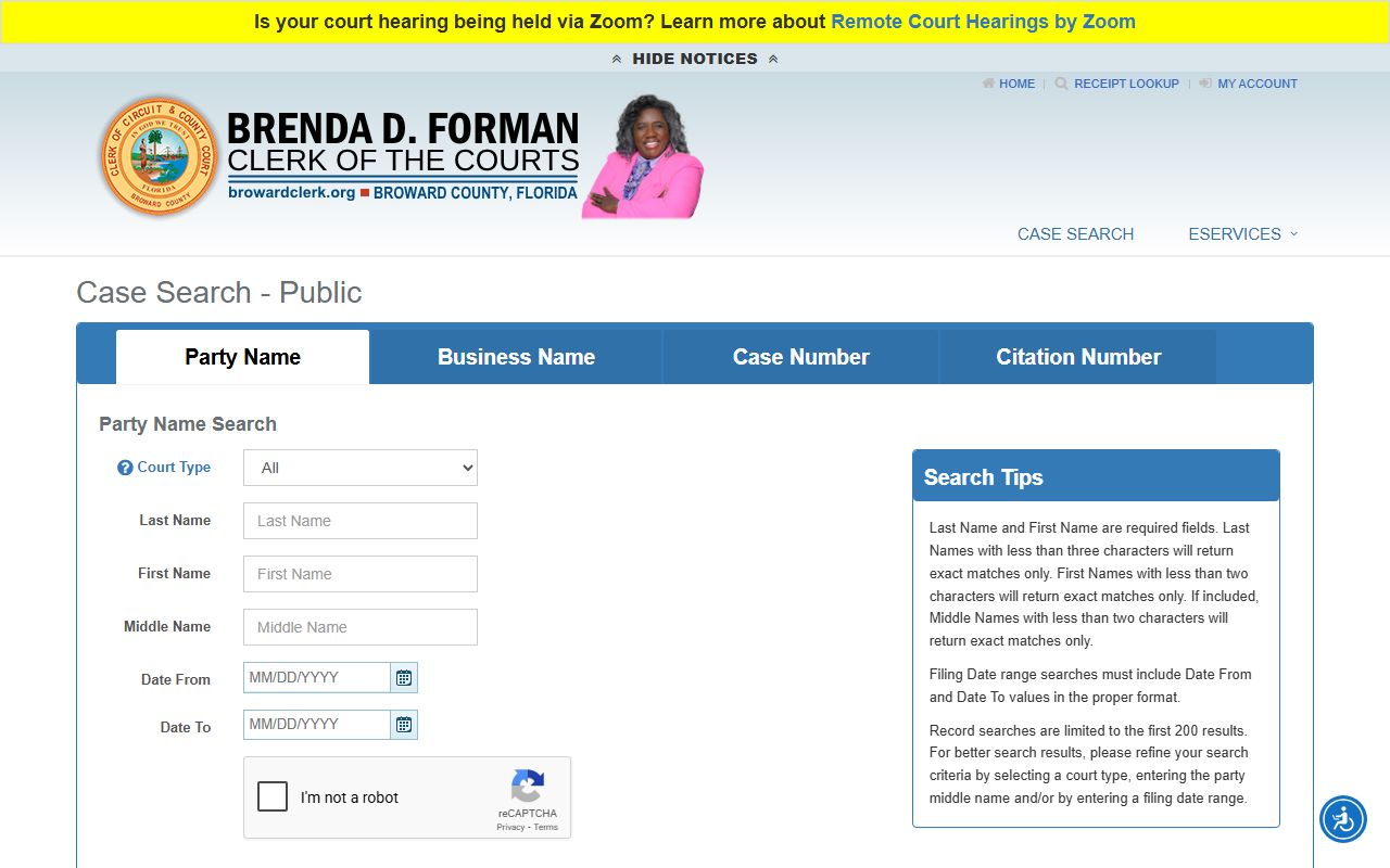 Broward County case search page for civil court records