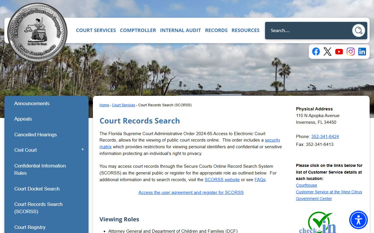 Citrus County court records search SCORSS for civil court records