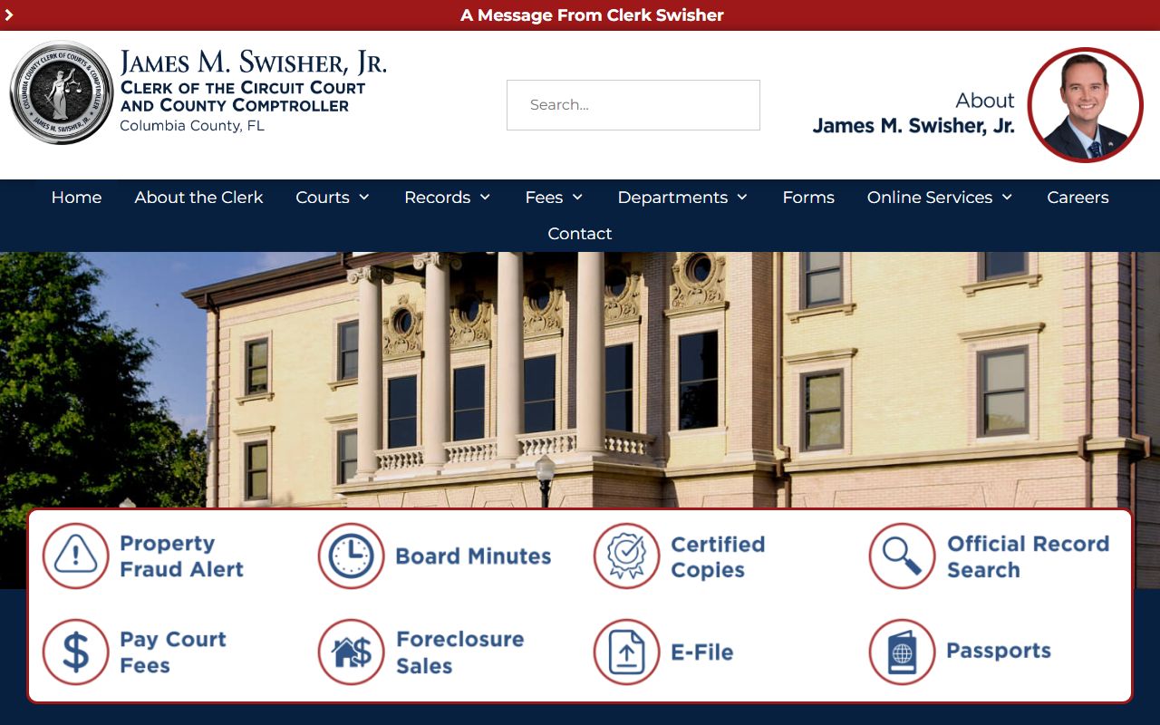 Columbia County Clerk of Court homepage for civil court records