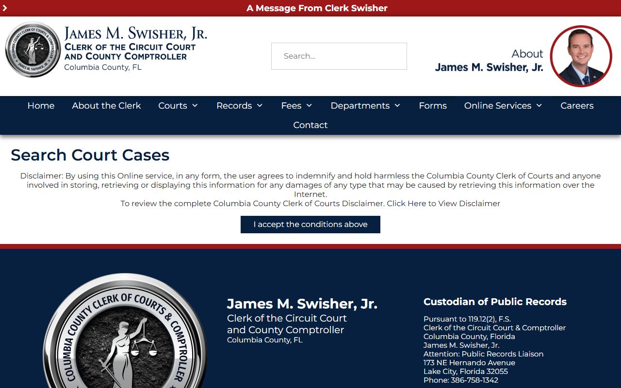 Columbia County court search page for civil court records