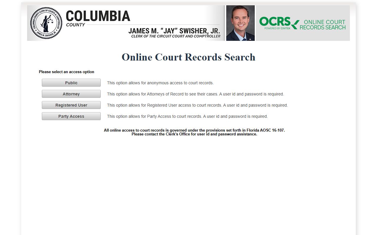 Columbia County OCRS online court records for civil court records
