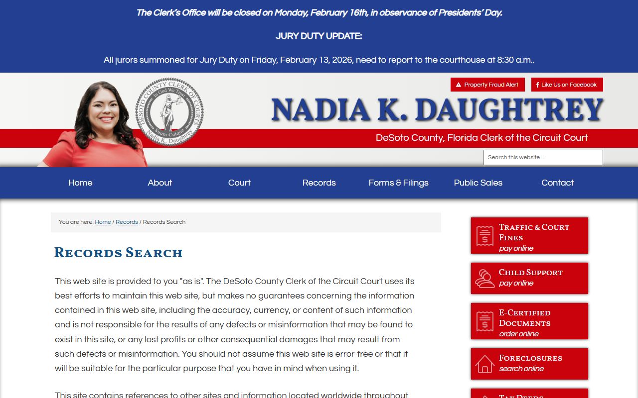 DeSoto County records search page for civil court records