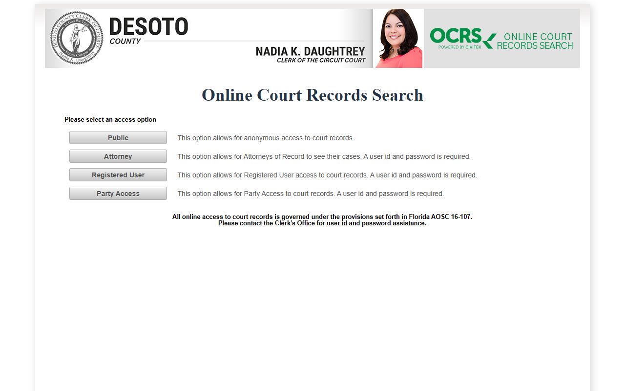 DeSoto County OCRS online court records for civil court records