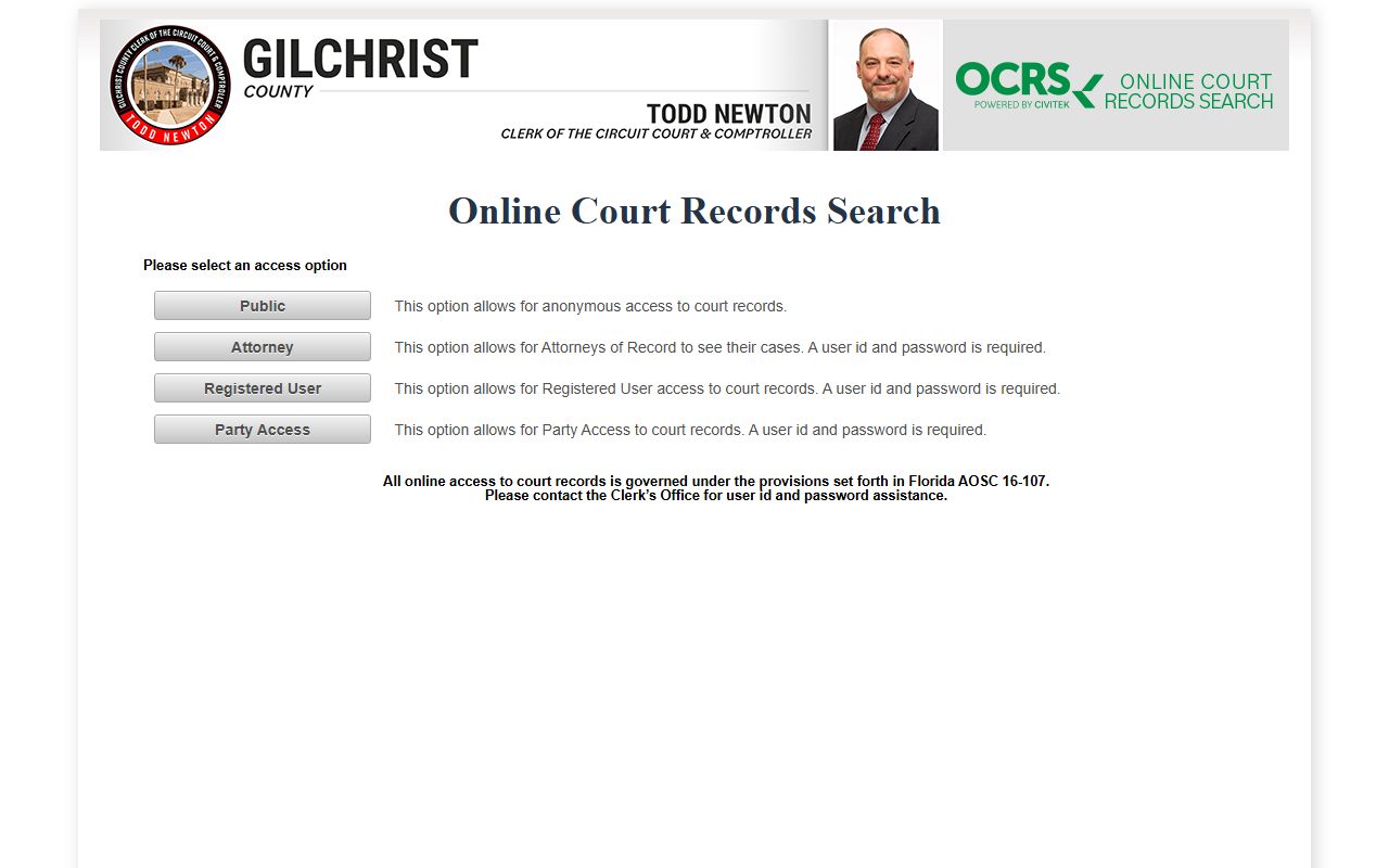 Gilchrist County OCRS online court records search for civil cases