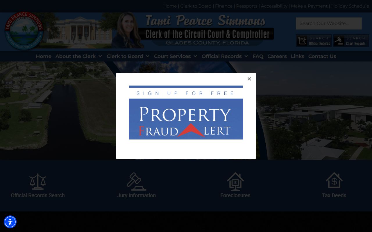 Glades County Clerk of Court homepage for civil court records