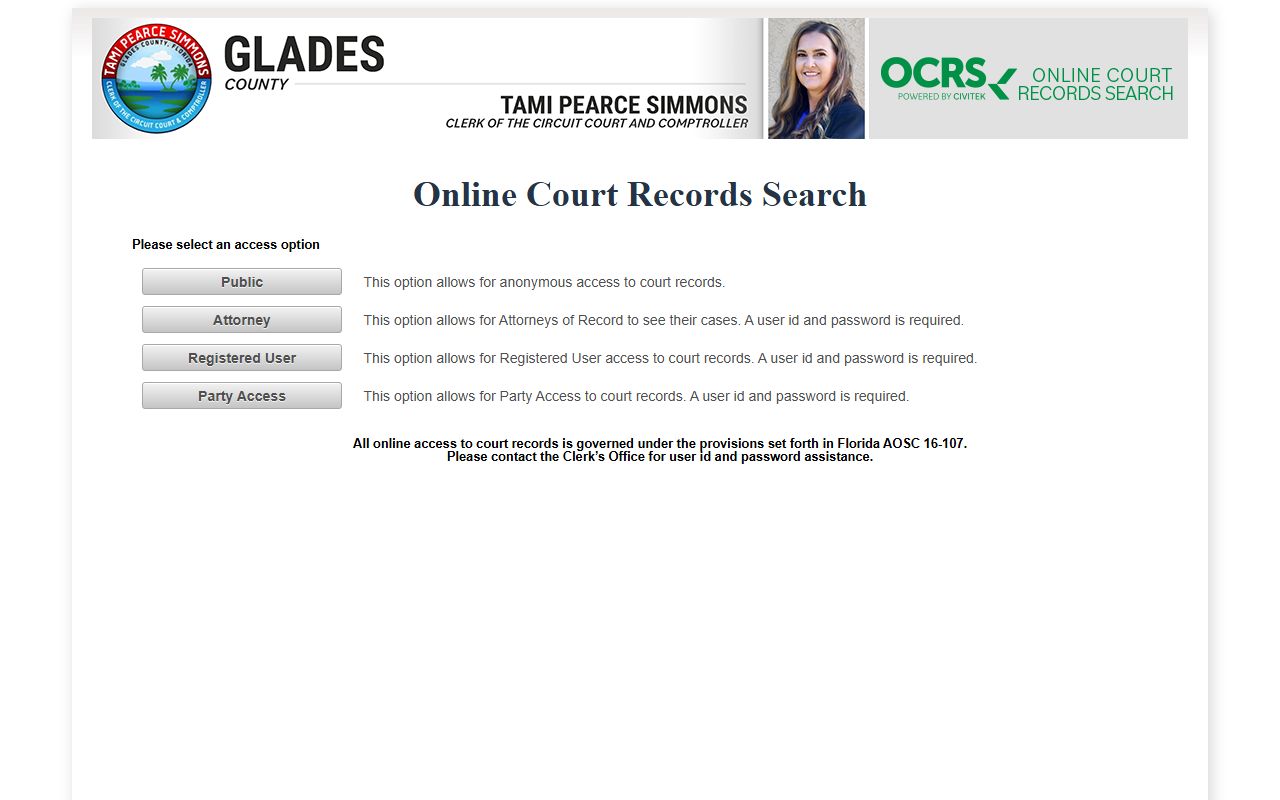 Glades County OCRS online court records search for civil cases