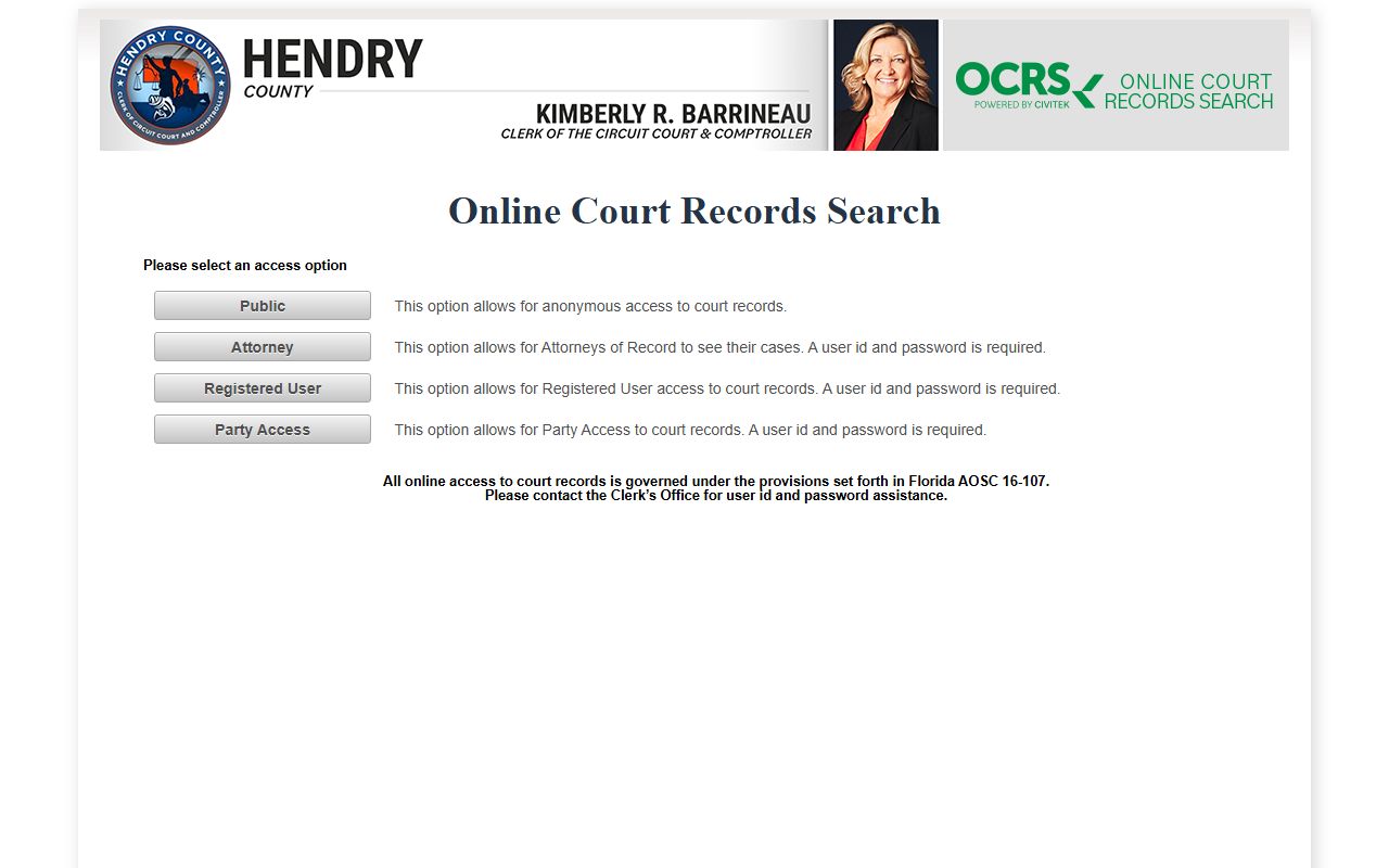Hendry County OCRS online court records search for civil cases