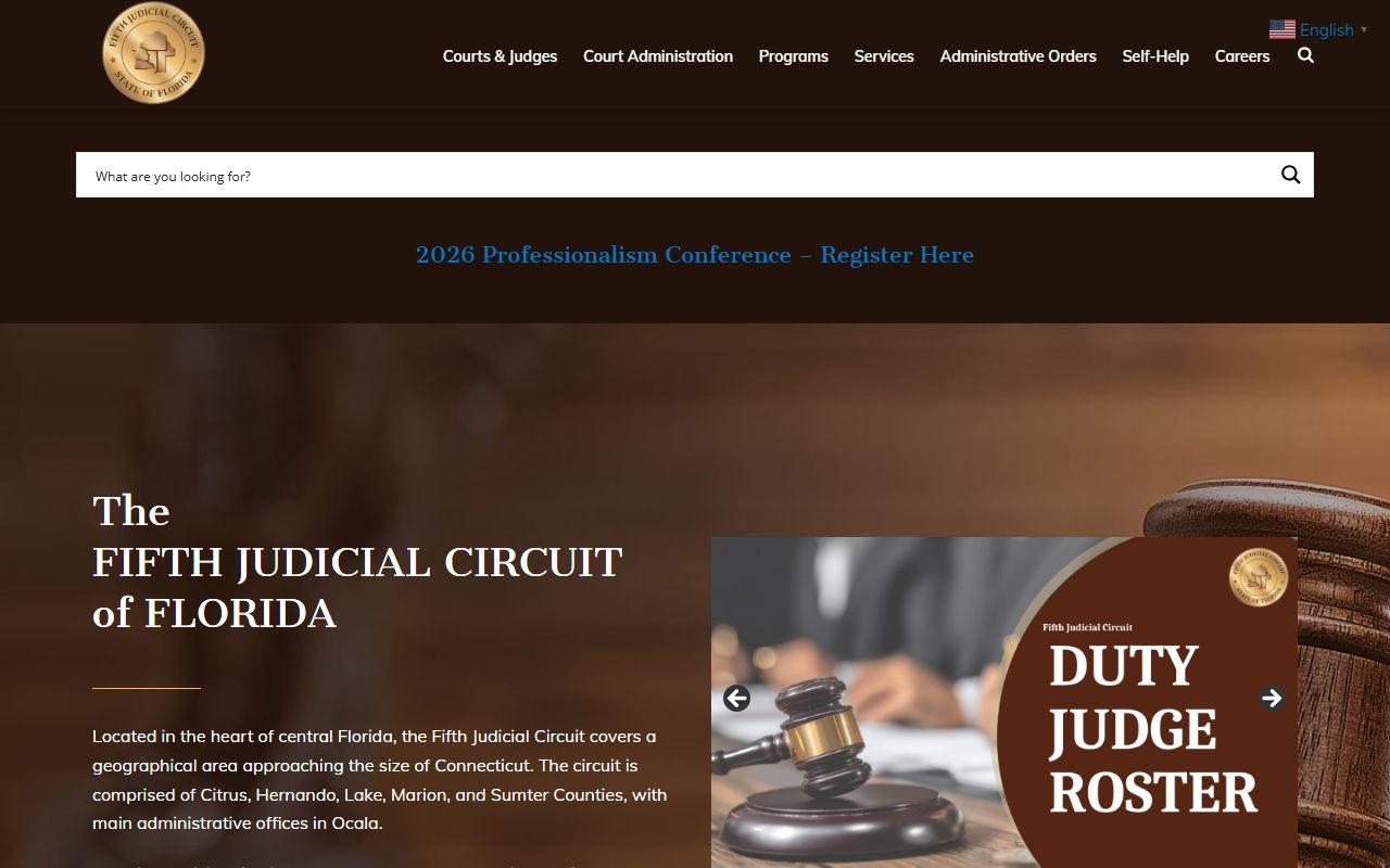 5th Judicial Circuit website serving Hernando County civil court records