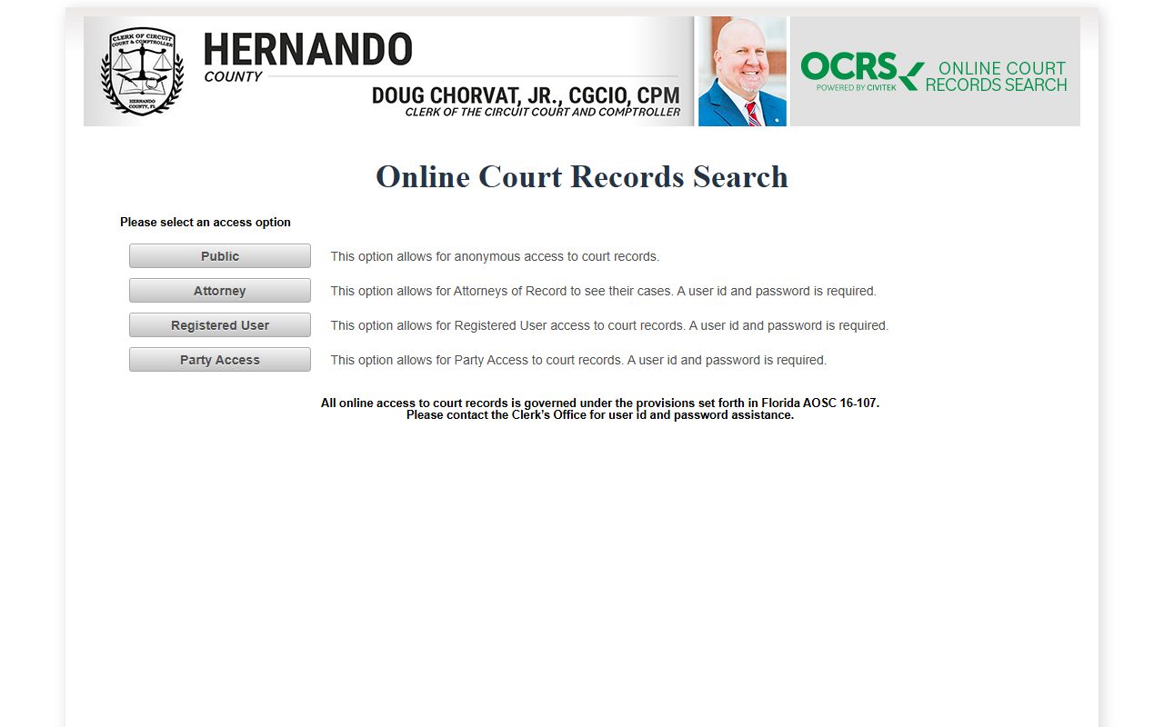 Hernando County OCRS online court records search for civil cases