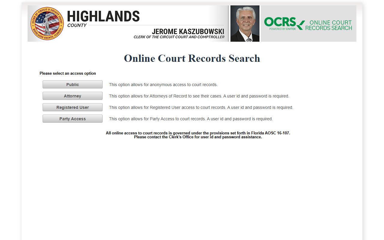 Highlands County OCRS online court records search for civil cases