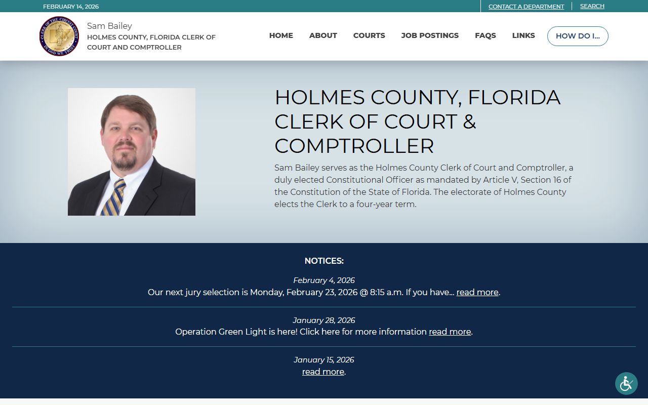 Holmes County Clerk of Court homepage for civil court records