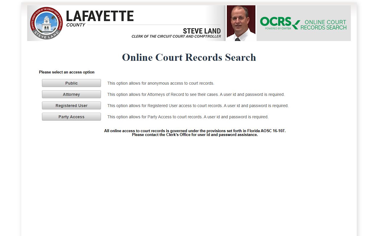 Lafayette County OCRS online court records search for civil cases