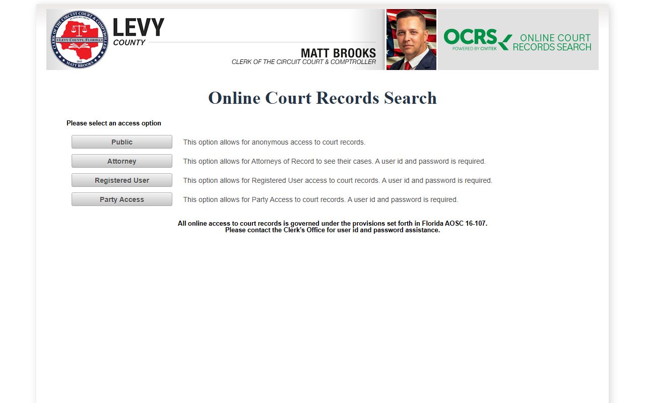 Levy County Official Court Records System for civil court records