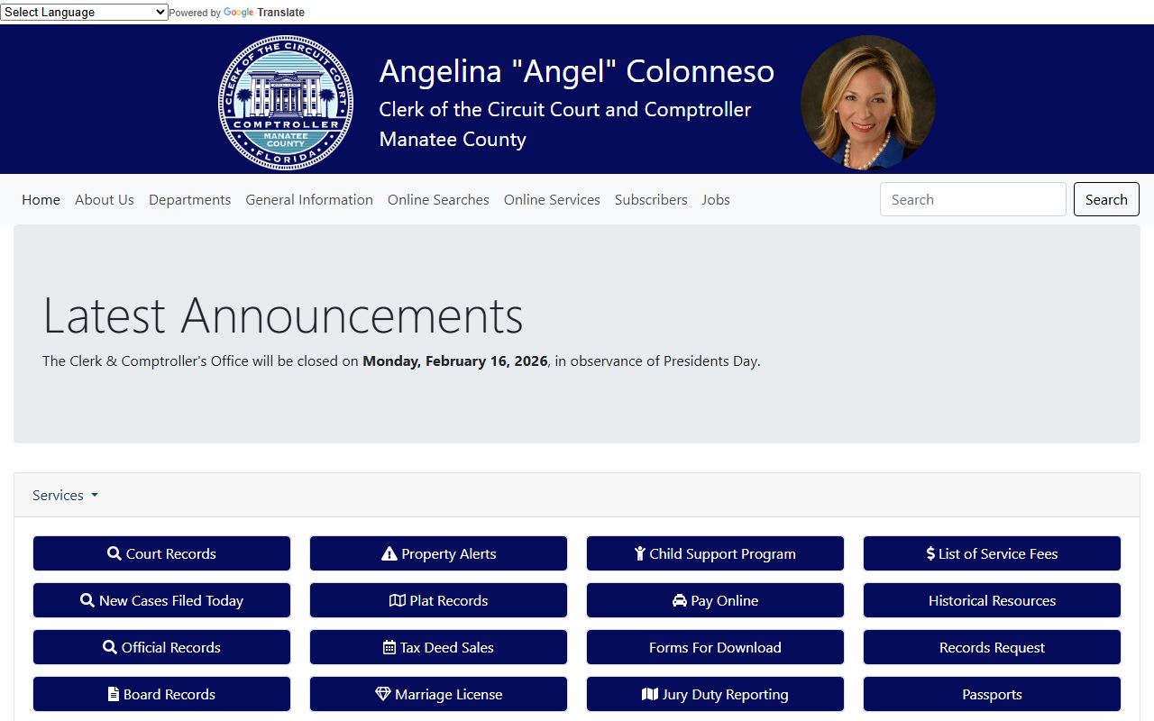 Manatee County Clerk of Court homepage for civil court records
