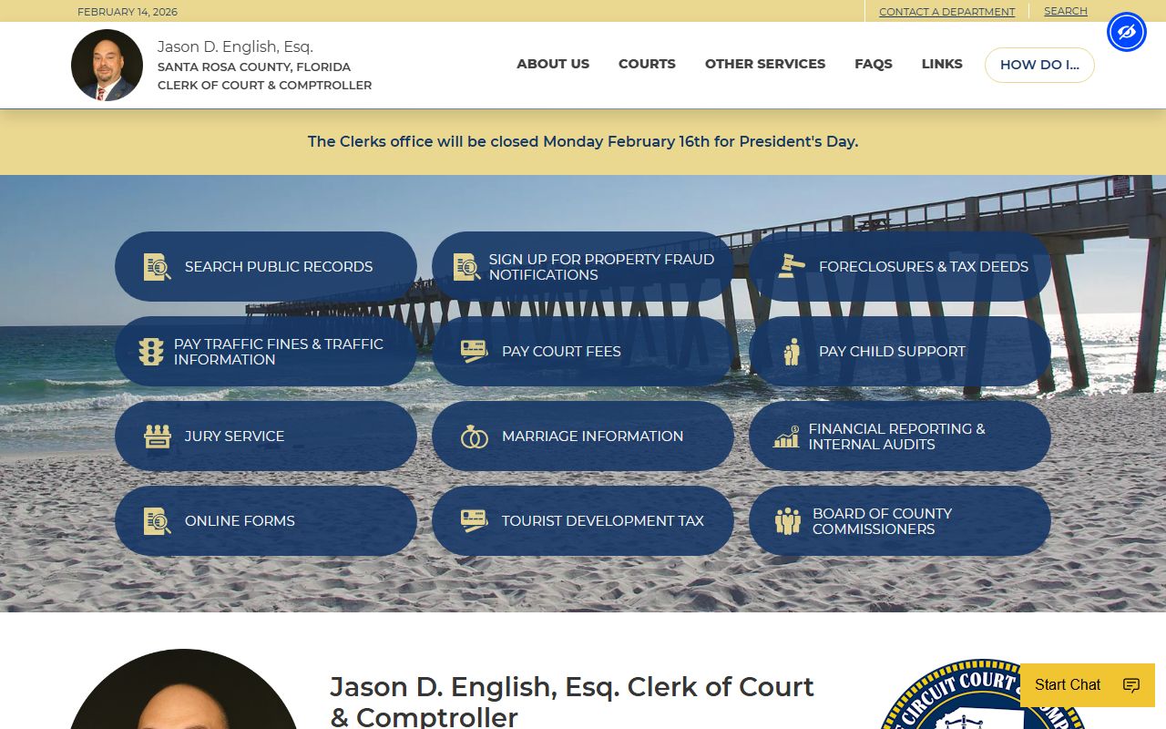 Santa Rosa County Clerk of Court homepage for civil court records