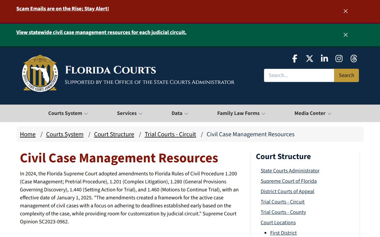 Florida civil case management resources page