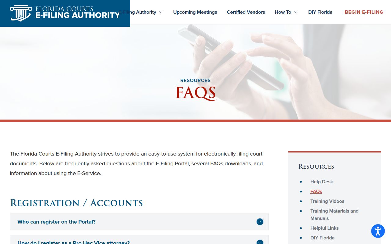 Florida E-Filing Portal FAQ page for civil court records