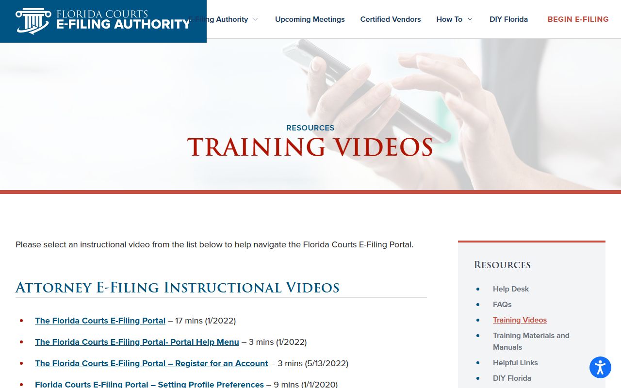 Florida E-Filing Portal training videos for civil court records