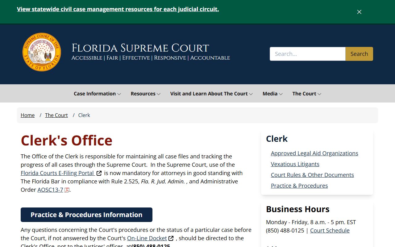 Florida Supreme Court case information for civil court records