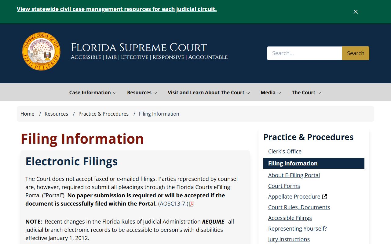Florida Supreme Court filing information for civil court cases